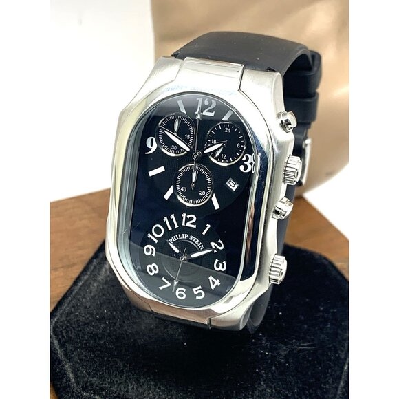 Philip Stein Men's Watch Teslar Quartz Dual Time Chronograph Leather Strap 37mm - Picture 1 of 14
